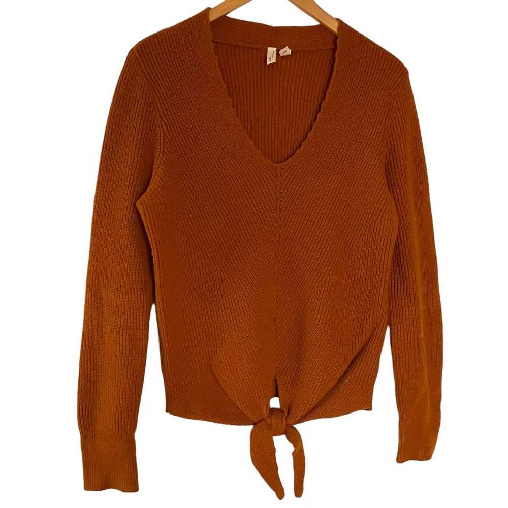 Moth Anthropologie Freeport Ribbed Tie Front Sweater S Rust Orange V Neck